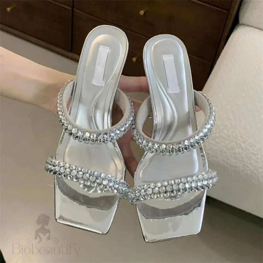 Crystal Hollow Out Women Slippers With Square Toe And Thin Low Heels