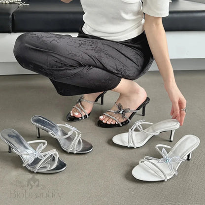 Crystal Narrow Band Butterfly-Knot Satin Slip On Sandal For Women