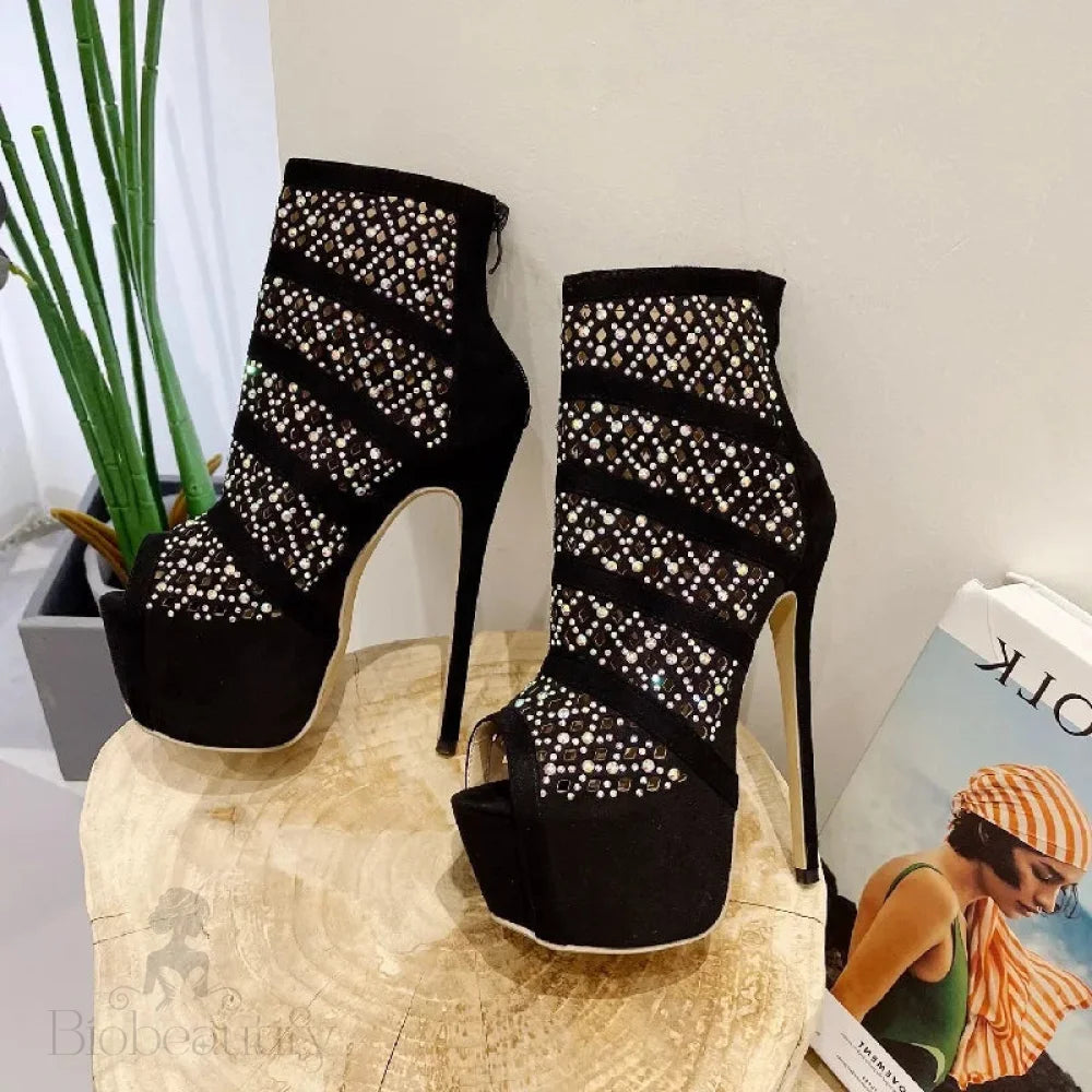 Crystal Platform High Heels Boots Sandals For Women Black / 37