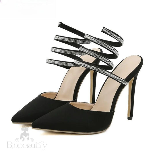 Crystal Pumps Women Sandals With Thin Heel And Narrow Band For Party Or Stripping Black / 37