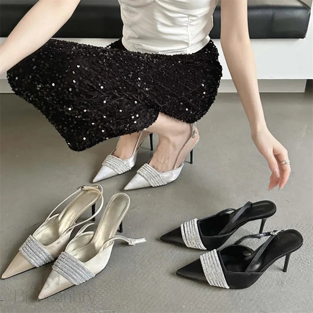 Crystal Rhinestone Silk Women Pumps With Slingbacks And Buckle Strap Prom Thin Heels