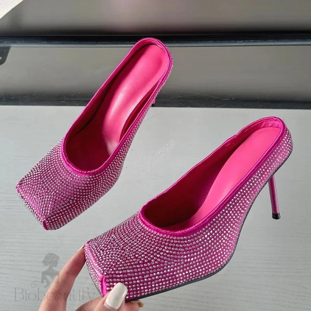 Crystal Satins Square Toe Women Pumps Slippers With Thin High Heels