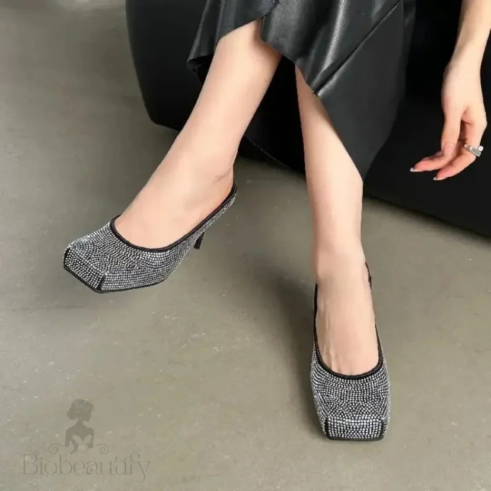 Crystal Satins Square Toe Women Pumps Slippers With Thin High Heels