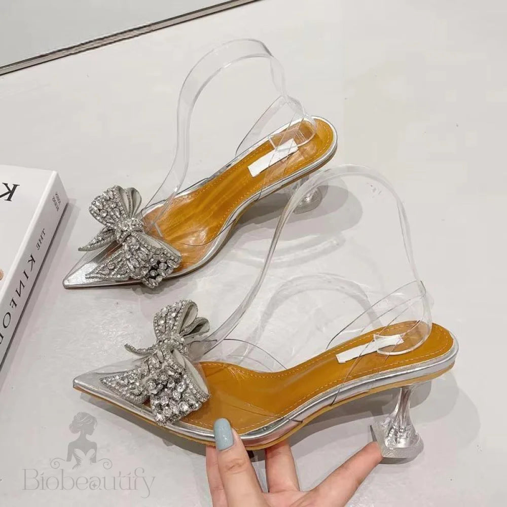 Crystal Sequined Bowknot Silver Women Pumps With Low And High Heels For Spring Autumn