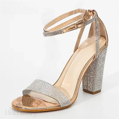 Crystal Women Sandals With Square Heel Champagne / 35