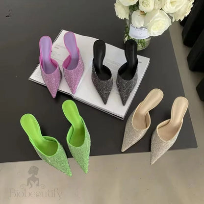 Crystal Women Slippers With Thin Low Heels