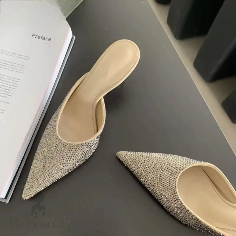 Crystal Women Slippers With Thin Low Heels Apricot / 35