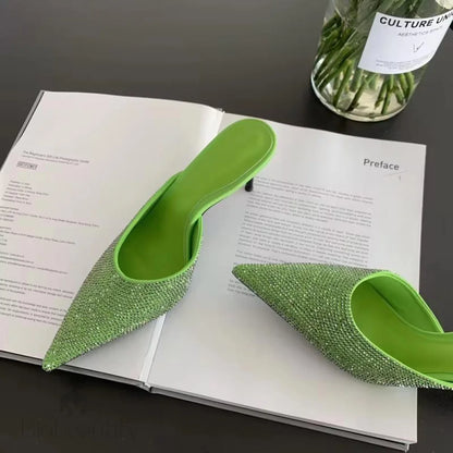 Crystal Women Slippers With Thin Low Heels Green / 35