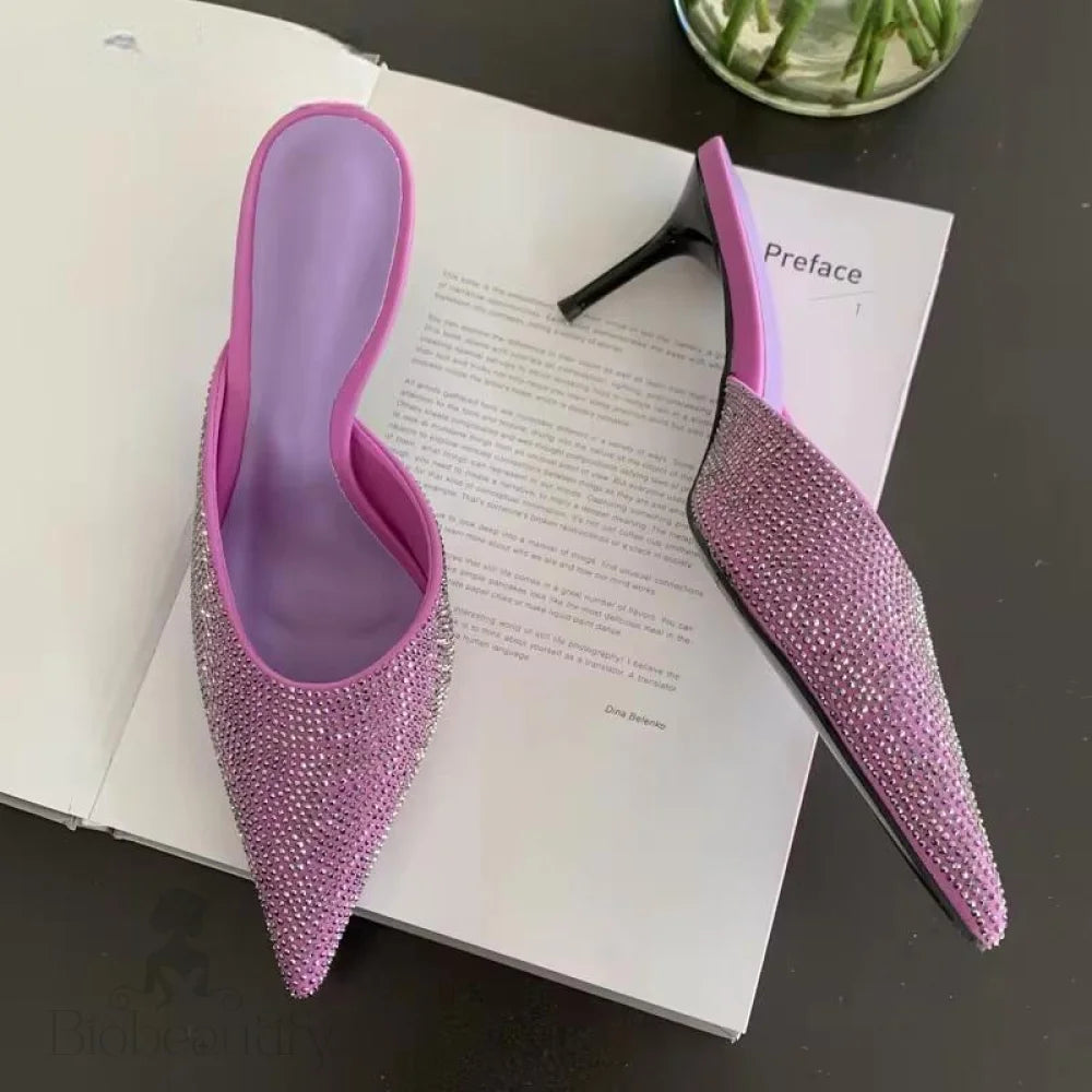 Crystal Women Slippers With Thin Low Heels Purple / 35