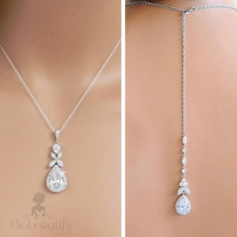 Cubic Zirconia Bridal Backdrop Necklace And Earrings Set - Silver Rose Gold Options