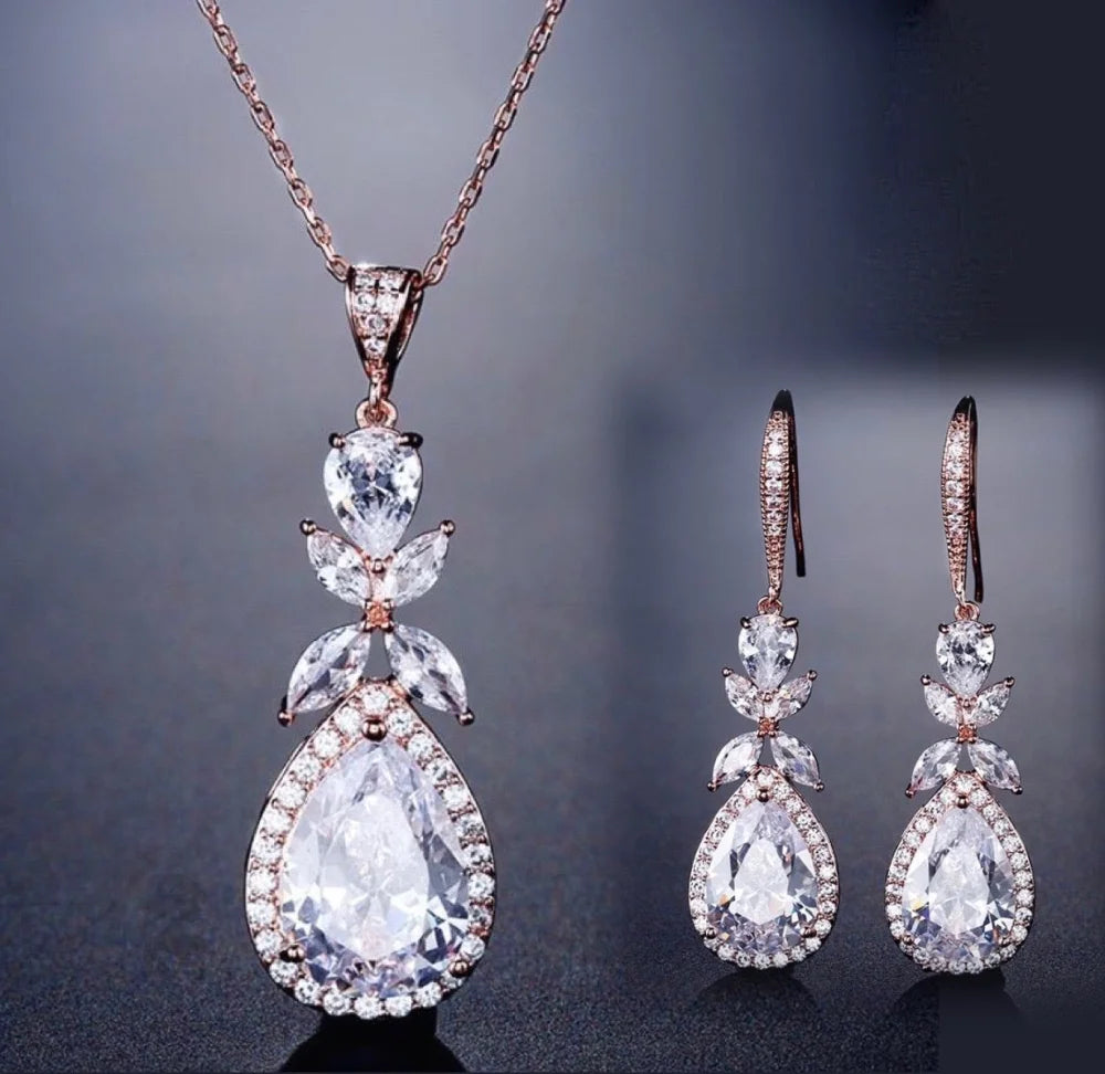 Cubic Zirconia Bridal Backdrop Necklace And Earrings Set - Silver Rose Gold Options