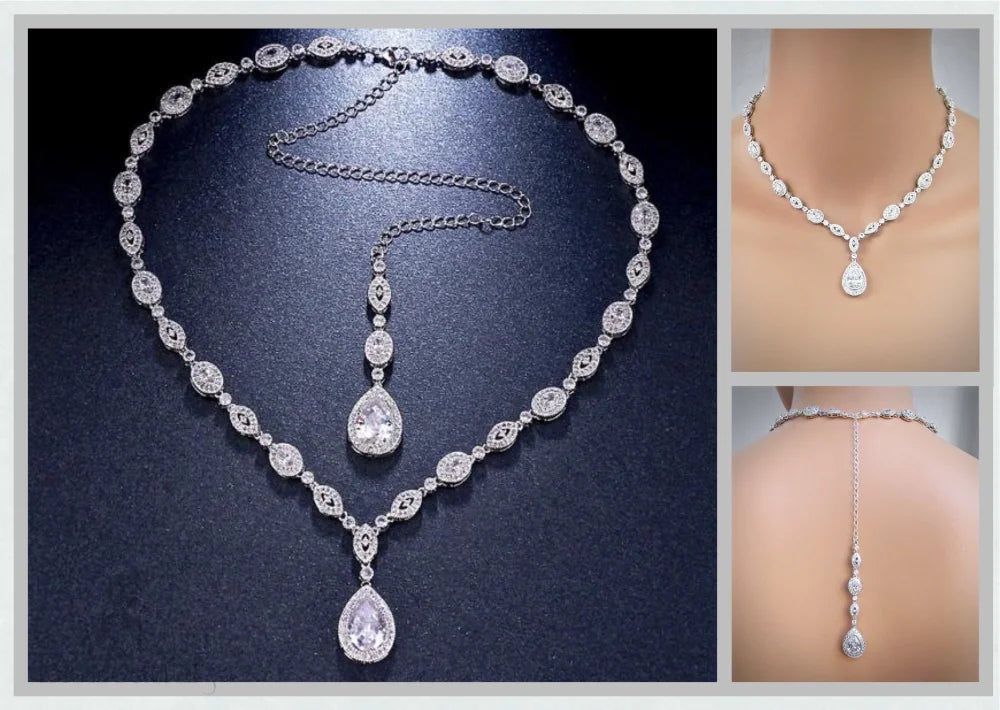 Cubic Zirconia Bridal Backdrop Necklace In Silver And Rose Gold