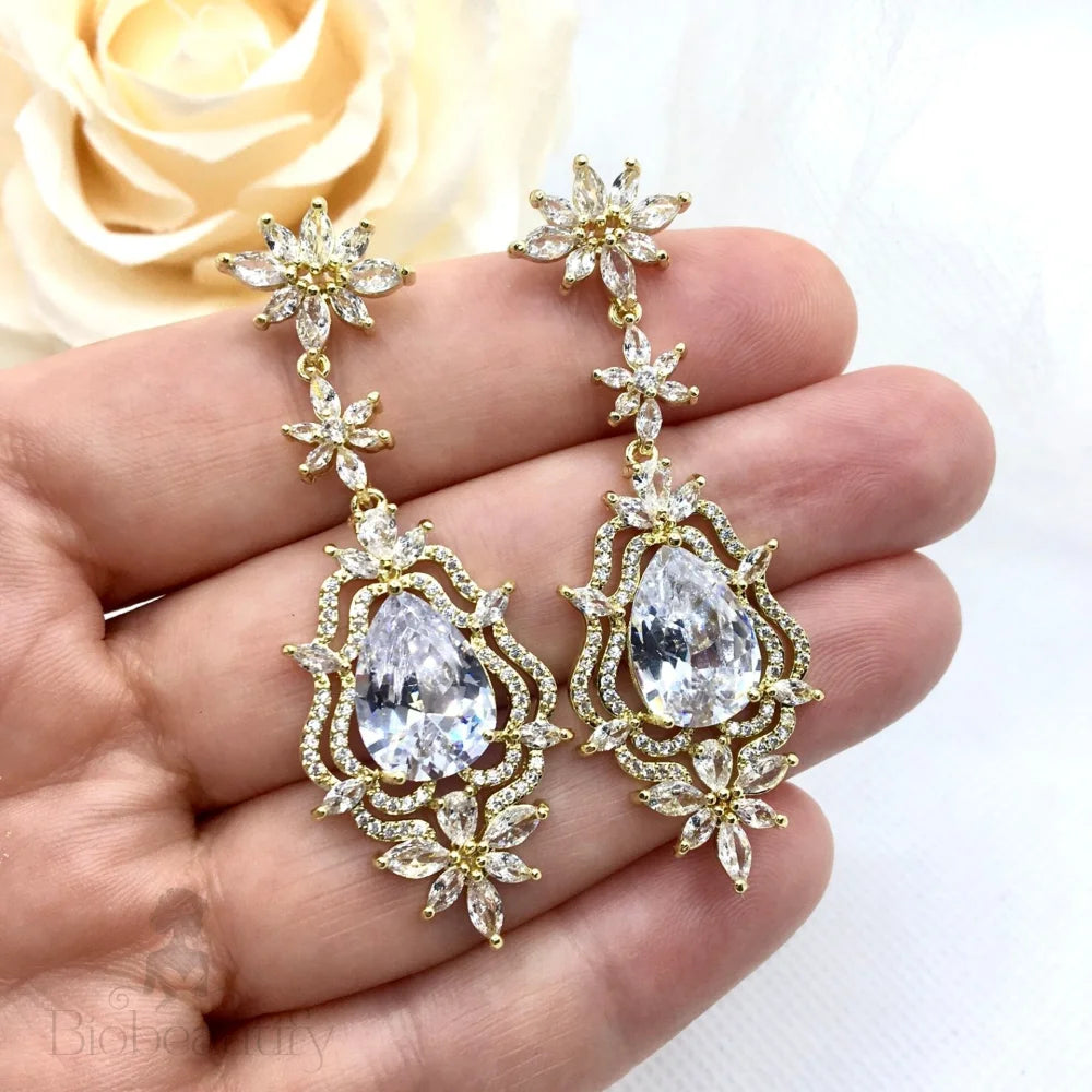 Cubic Zirconia Bridal Earrings In Silver And Gold