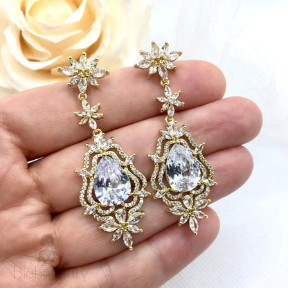 Cubic Zirconia Bridal Earrings In Silver And Gold