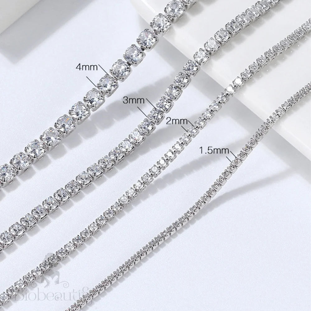 Cubic Zirconia Rhodium Plated Sterling Silver Tennis Necklace / 14 -16’’ 3.0Mm