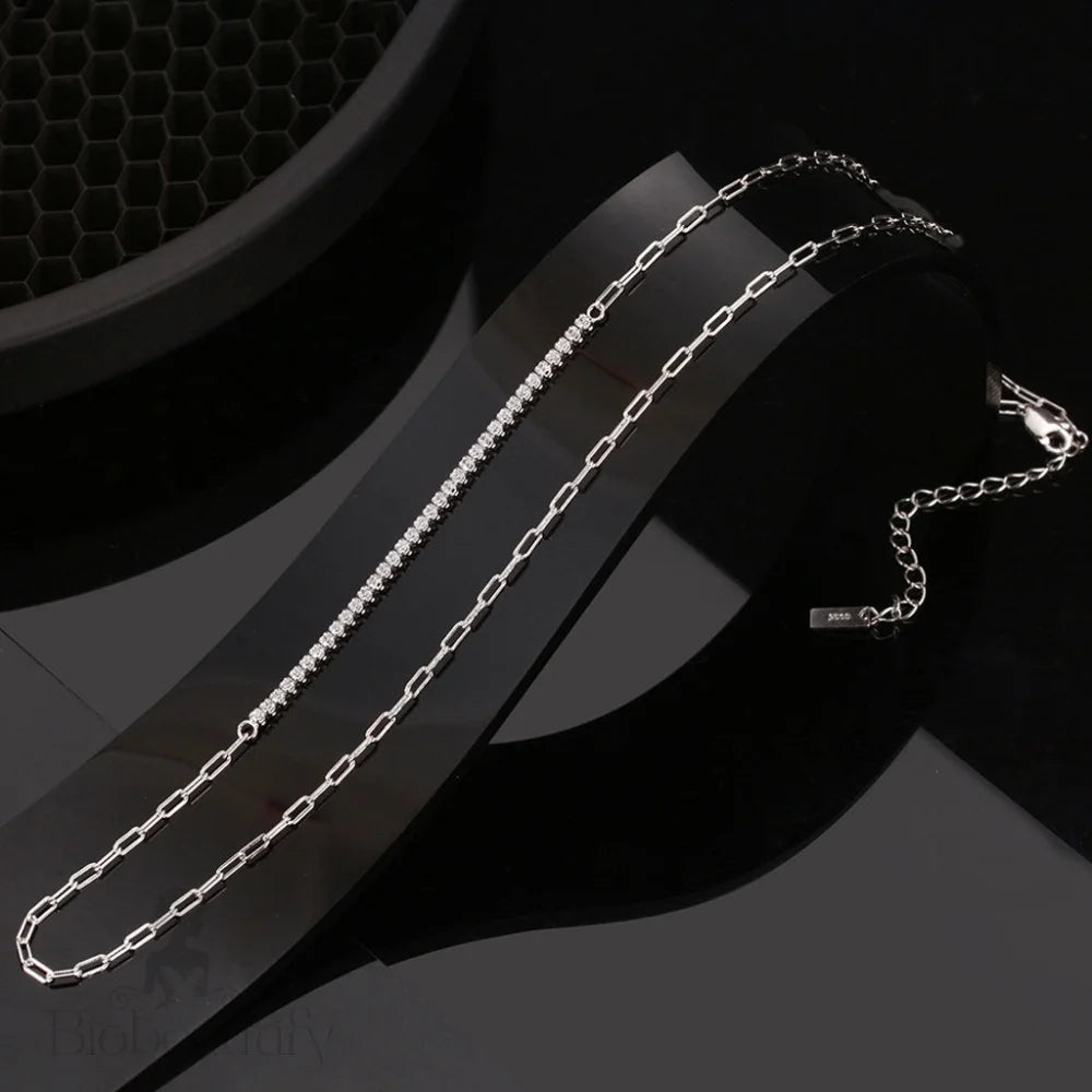 Cubic Zirconia Sterling Silver Paper Clip Choker Necklace