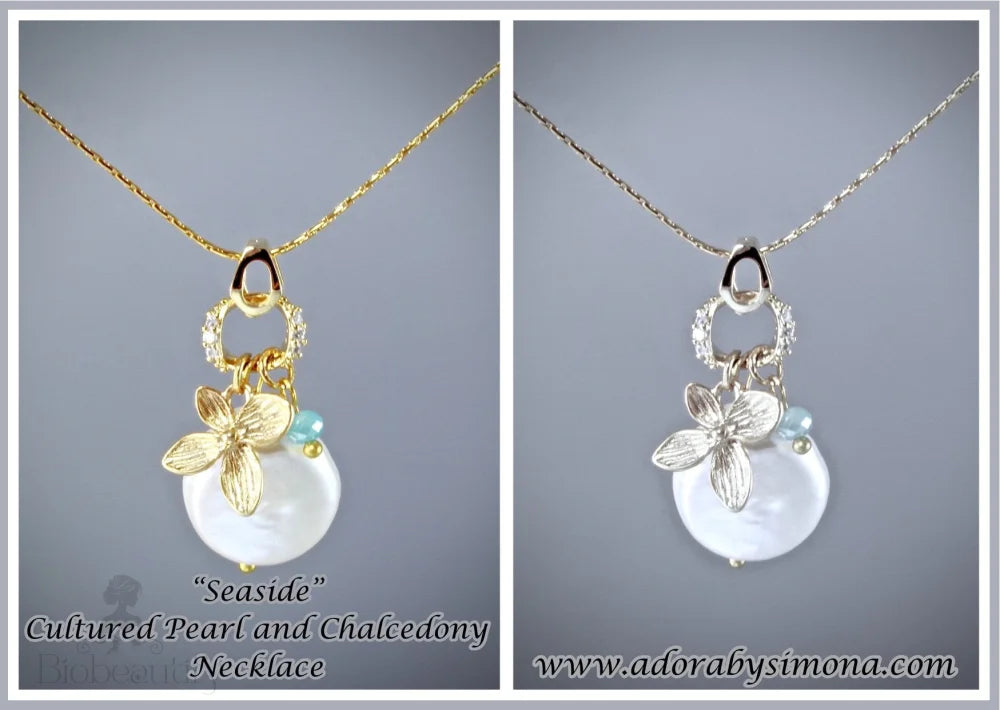 Cultured Pearl And Chalcedony Necklace - Seaside Design Gold Silver Options