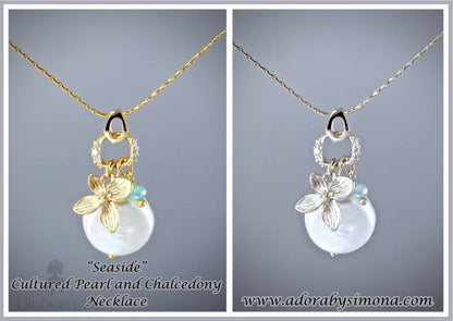 Cultured Pearl And Chalcedony Necklace - Seaside Design Gold Silver Options