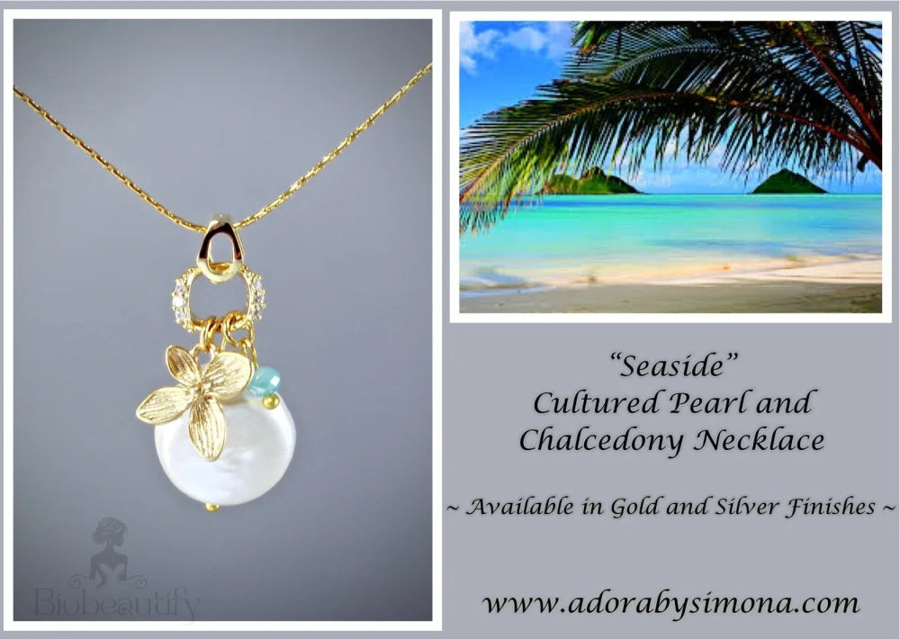 Cultured Pearl And Chalcedony Necklace - Seaside Design Gold Silver Options