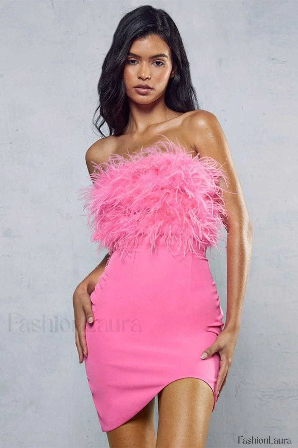 Curved Hem Stylish Feather Mini Dress XS / Pink