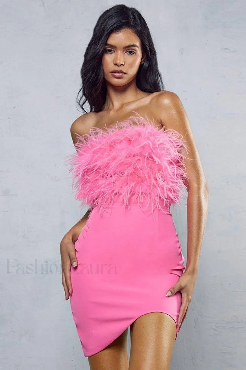 Curved Hem Stylish Feather Mini Dress XS / Pink