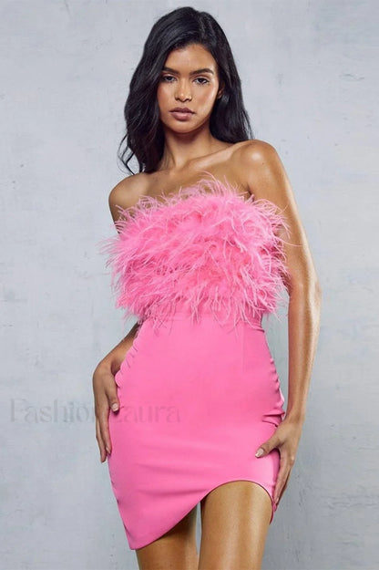 Curved Hem Stylish Feather Mini Dress XS / Pink