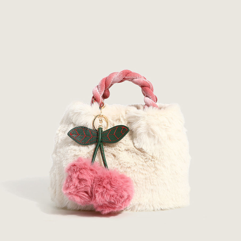 Cherry Trim Fluffy Tote Bag With Twist Shoulder Strap - White One Size /