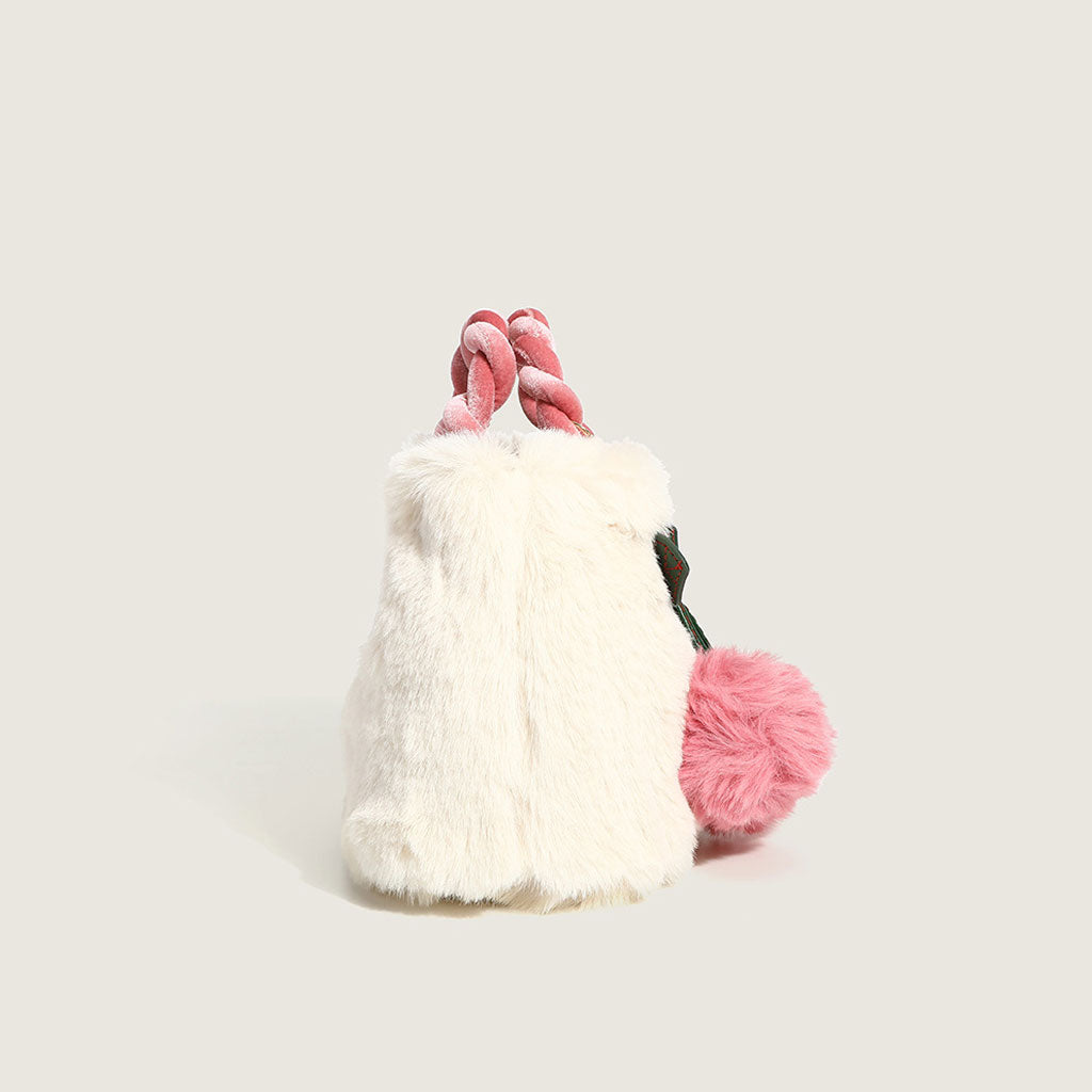 Cherry Trim Fluffy Tote Bag With Twist Shoulder Strap - White