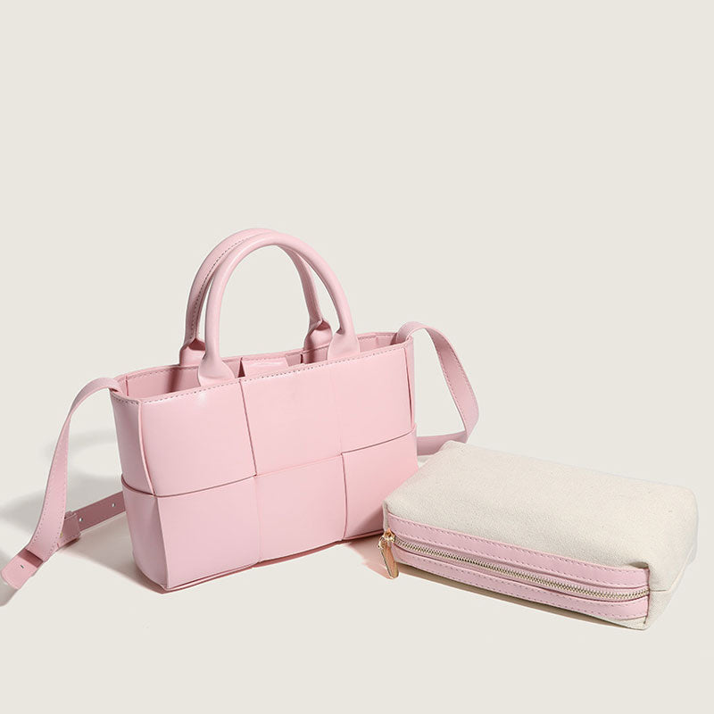 Solid Color Intrecciato Vegan Leather Tote Bag - Pink