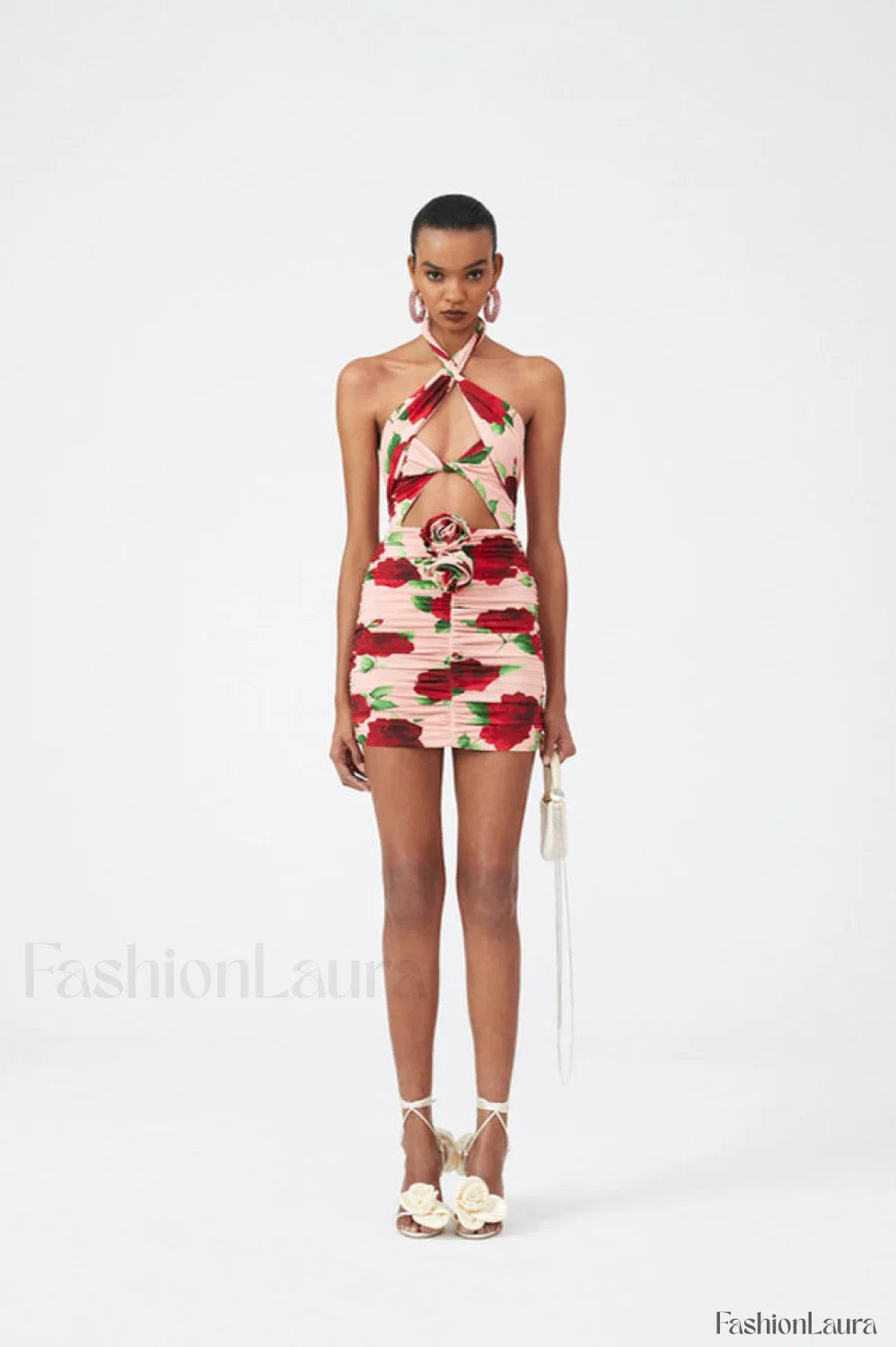 Cutout Ruched Floral Charming Jersey Mini Dress