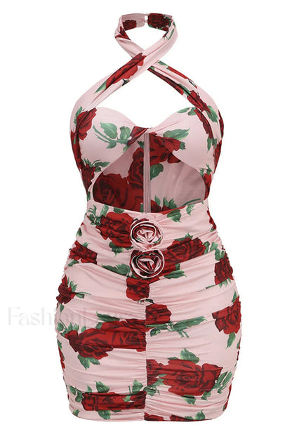 Cutout Ruched Floral Charming Jersey Mini Dress
