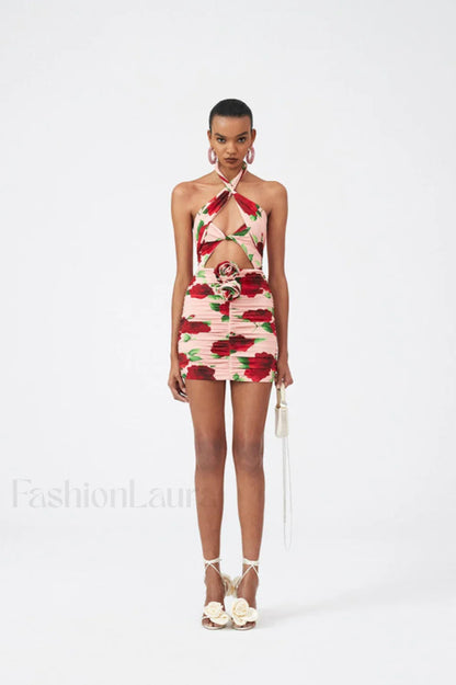 Cutout Ruched Floral Charming Jersey Mini Dress