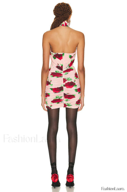 Cutout Ruched Floral Charming Jersey Mini Dress