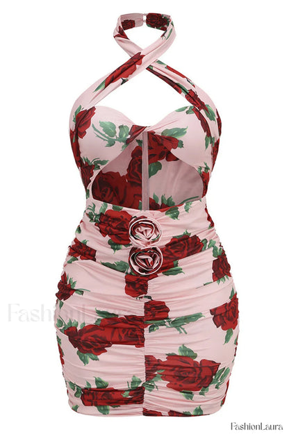 Cutout Ruched Floral Charming Jersey Mini Dress