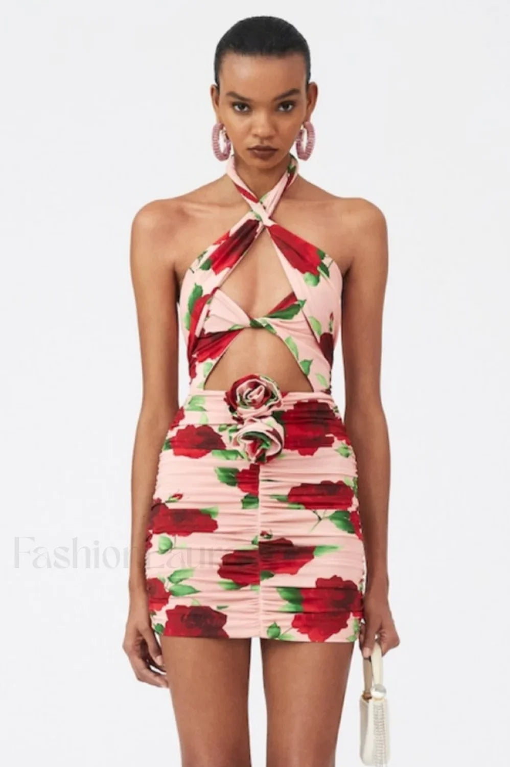 Cutout Ruched Floral Charming Jersey Mini Dress S / Rose Print