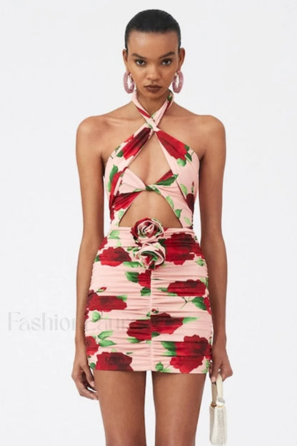 Cutout Ruched Floral Charming Jersey Mini Dress S / Rose Print