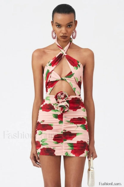 Cutout Ruched Floral Charming Jersey Mini Dress S / Rose Print
