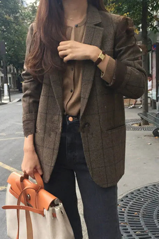 Plaid Woolen Button Blazer