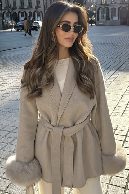 Fur Cuff Belted Wrap Coat
