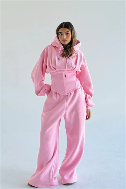 Corset Waist Zip Front Wide Leg Hoodie Two Piece Set
