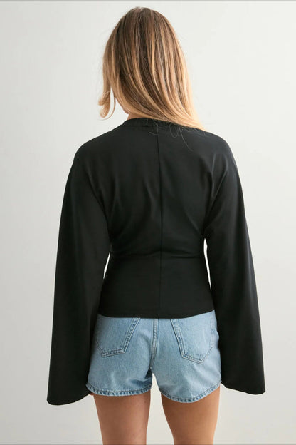 Cinched Waist Bell Sleeve Crew Neck Tee