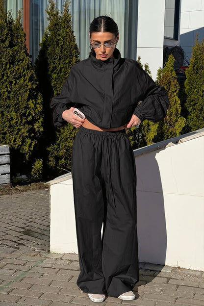 Cropped Zip Windbreaker Wide Leg Pants Set
