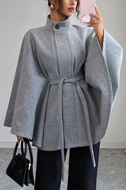 Belted Cape Sleeve Wool Look Jacket