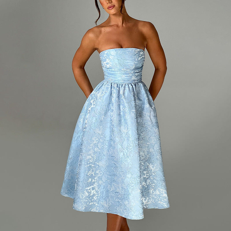 Strapless Jacquard A-Line Midi Dress - Chiccharm