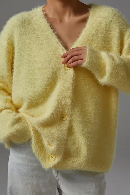 Fuzzy Balloon Sleeve V Neck Knit Cardigan