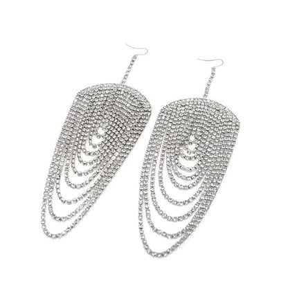 Multi Layer Rhinestone Tassel Earrings - Silver One Size /