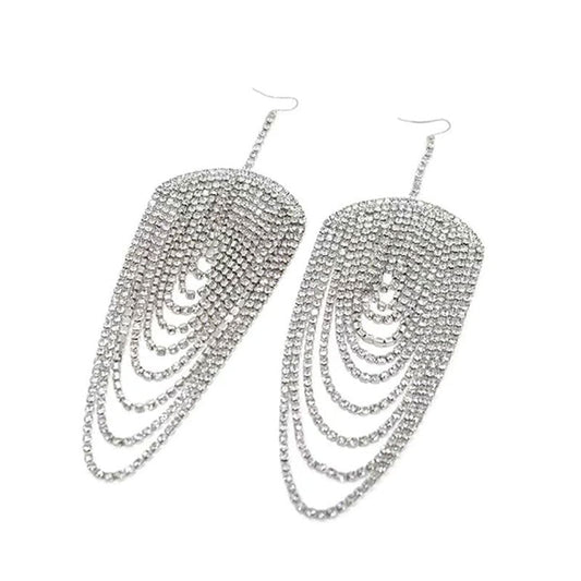 Multi Layer Rhinestone Tassel Earrings - Silver One Size /