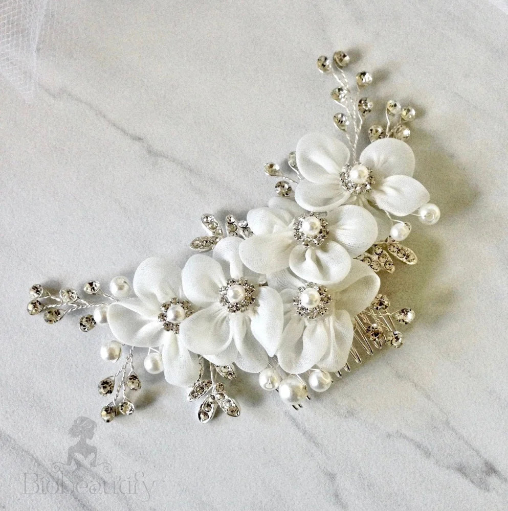 Wedding Hair Accessories - Silver Pearl and Crystal Bridal Hair Comb/Clip