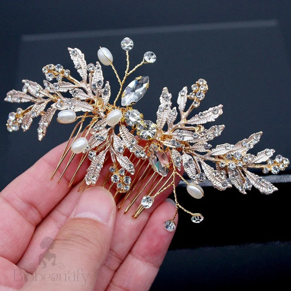 Daphne Bridal Hair Comb With Pearls And Crystals In Gold Silver