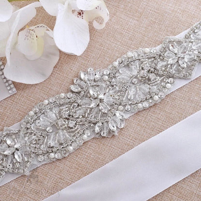 Darcy Silver Crystal Pearl Bridal Sash